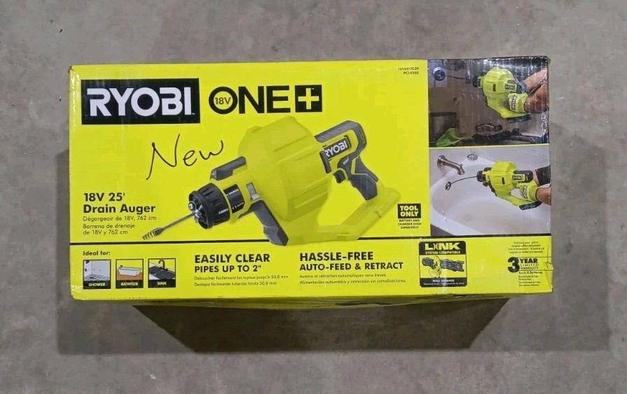 RYOBI ONE+ 18V Cordless Drain Auger w/ 25 ft Cable, Auto Feed &ndash; Tool Only, NEW