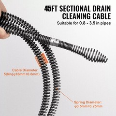 Sectional Drain Cleaning Sewer Cable 45FTx5/8In & 6 Cutters for 0.8&Prime;-3.9&Prime; Pipes