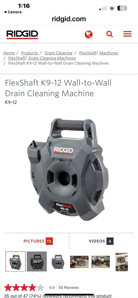 Ridgid FlexShaft K9-12 Wall-to-Wall Drain Cleaning Machine 74978 &ndash; Gray