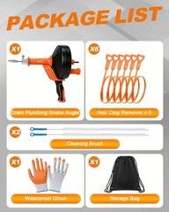 25FT Drain Auger Snake Kit with Drill Adapter, Clog Removal Tool for Kitchen & B