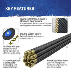 FAIDRSET12 9M Drain Rod Set &ndash; 10 Rods, Plunger & Worm with Brass Connectors