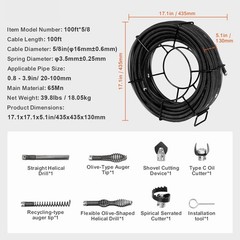 VEVOR Sectional Drain Cleaning Cable 100FTx5/8In & 7 Cutters for 0.8&Prime;-3.9&Prime; Pipes