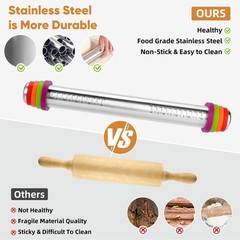 Stainless Steel Rolling Pin with Adjustable Thickness Rings &ndash; 4 Interchangeab&hellip;