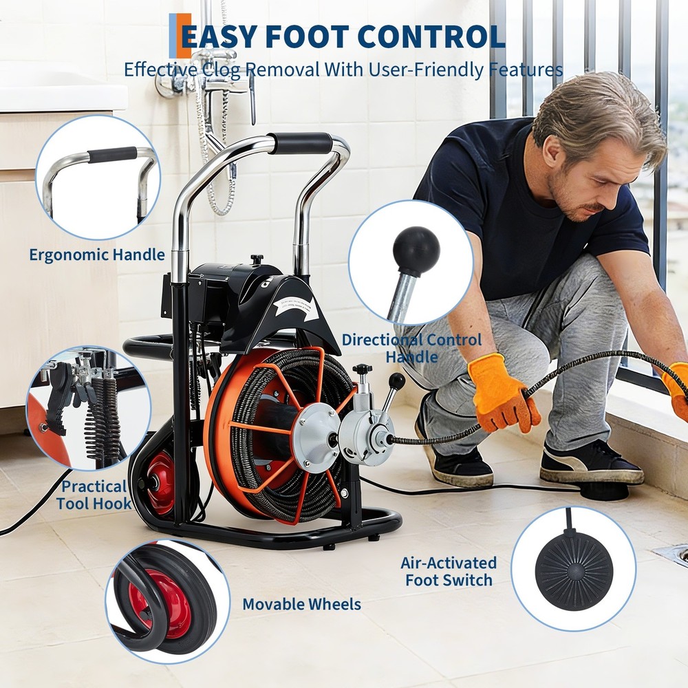 GRAVEE 100 FT x 3/8 Inch Auto Feed Drain Cleaner Machine Electric 450W Auger