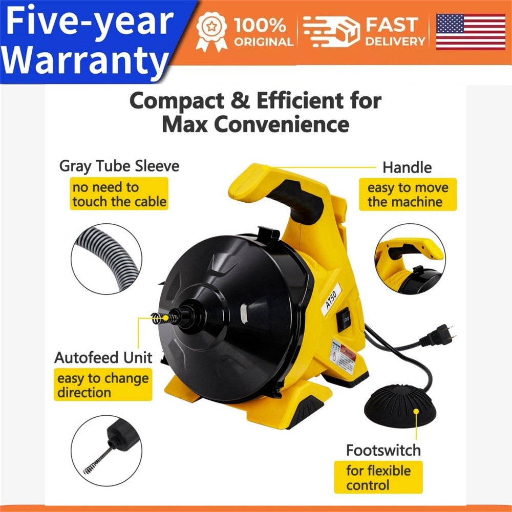 Drain Cleaner Machine 30Ft Auto-feed Electric Drain Auger for 3/4In-2In Pipes