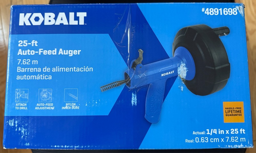 Kobalt 25-ft Auto-Feed Drain Auger &ndash; Model 4891698 &ndash; 1/4&Prime; Cable for Sinks & Tubs