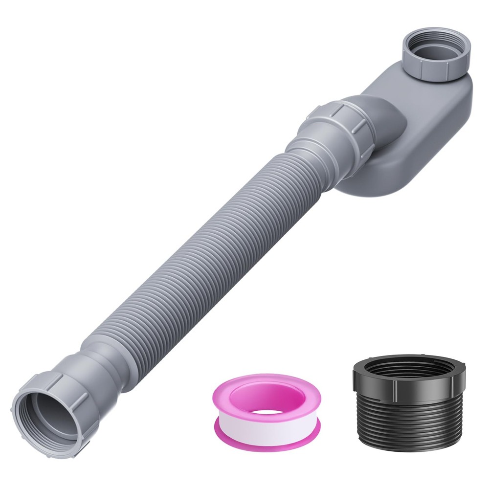 Low Profile Flexible Bathtub Shower Drain Pipe Kit &ndash; Flat P Trap for Gray
