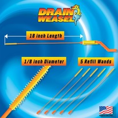 FlexiSnake Drain Weasel Sink Snake Handle + 5 Refill Wands, Orange/Yellow