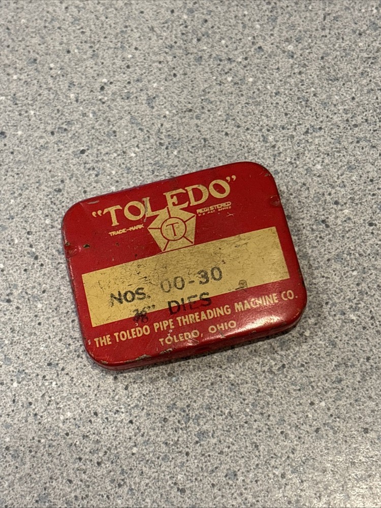 Vintage Set of 4 Toledo Pipe Threading 3/8&Prime; Dies # 00-30 in Metal Tin Box Nice!