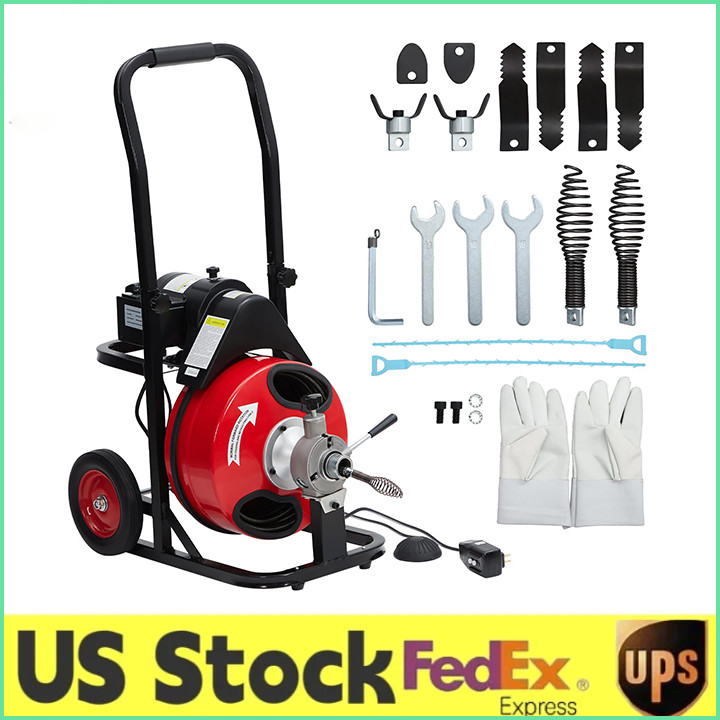 75FT x 1/2&Prime; Cable Electric Drain Cleaner Machine 250W Motor 8 Multi-Style Cutter