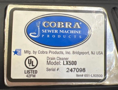 COBRA DRAIN CLEANER MODEL LX500 120V-60HZ 3/8&Prime; MISSING TIP