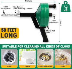50 FT Drain Snake Plumbing Clog Remover with Drill Attachment