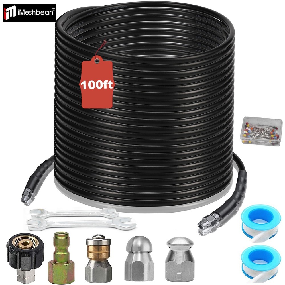 Sewer Jetter Nozzles Kit 100FT Drain Cleaning Hose for Pressure Washer 5800PSI