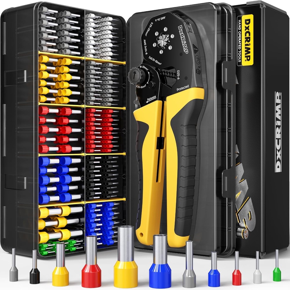Self-Adjusting Ratcheting Wire Crimper Kit for AWG 24-4 (0.25-25mm&sup2;) with 11 Ter