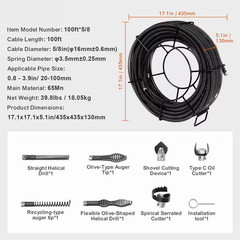 Drain Cleaning Cable 100 Ft. X 5/8 In. Professional Sectional Drain Cleaner Cabl