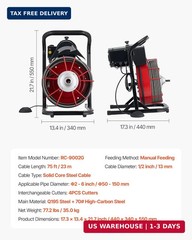VEVOR Drain Cleaner Machine 75 FT x 1/2 Inch, Sewer Snake Auger Manual Feed with