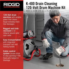 RIDGID K-400 Drain Cleaning Snake 120V Drum Machine C-32IW 3/8&Prime; x 75 ft. Cable
