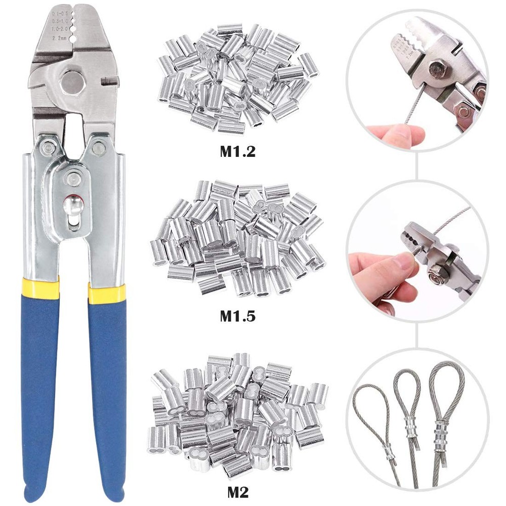 Glarks Up to 2.2mm Wire Rope Crimping Tool with 150Pcs 3 Size Aluminum Double Ba