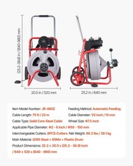 Drain Cleaning Machine 75FT x 1/2&Prime; Steel Cable, Forward/Reverse, 8 Cutters