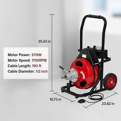 100Ft Drain Cleaner Machine 1/2&Prime; Auto-Feed Drain Snake with 4 Cutters Electric