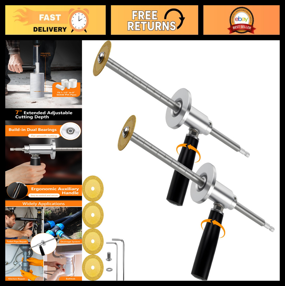 Adjustable Inside Pipe Cutter Tool Set for PVC &ndash; 2Pcs, Diamond Grit Wheel, 7in D