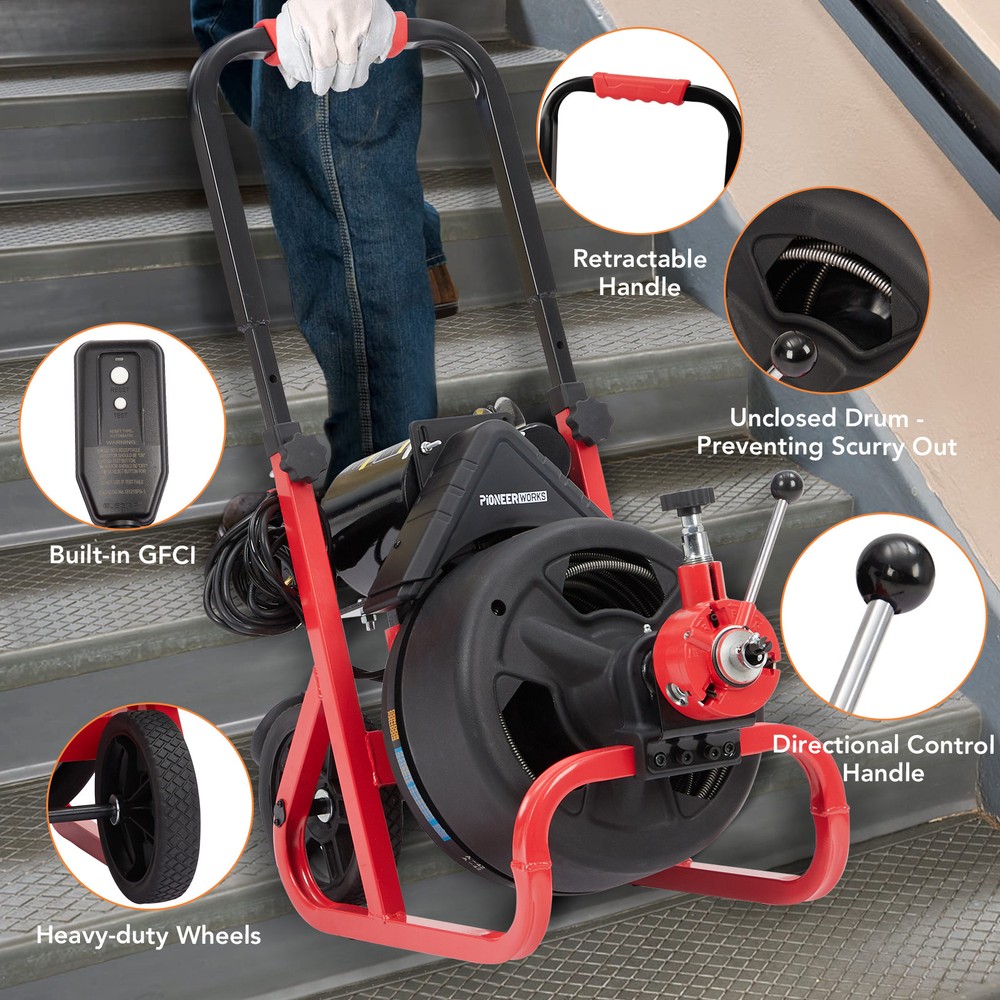 GRAVEE Electric Drain Auger 100&rsquo;x3/8&Prime; Auto-Feed Sewer Snake w/ Cutters