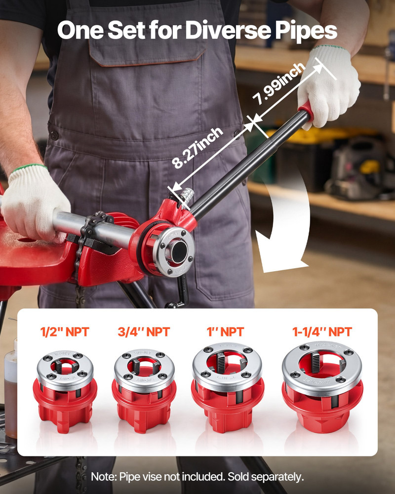 Ratchet Pipe Threader Kit w/ 4 Dies 1/2-1-1/4 in NPT Plumbing Tool Set