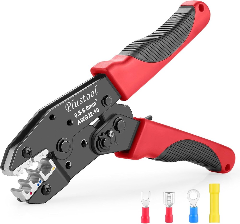 Plustool Ratcheting Crimping Tool for Insulated Connectors AWG 22-10 &ndash; Red & Bla