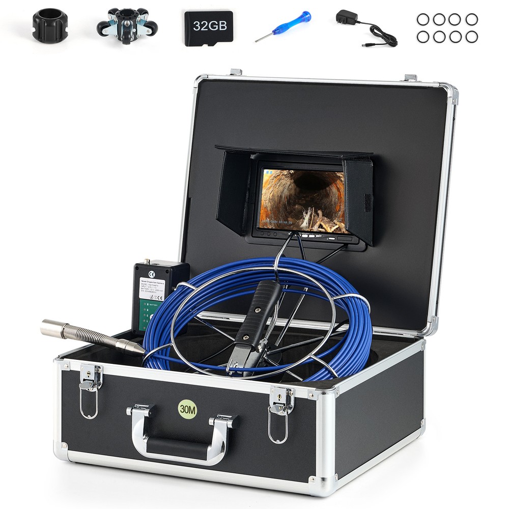 7 in. Self-Leveling Sewer Camera w 98ft Cable Digital Length Counter for Drain