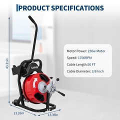 3/8 Inch 50FT Portable Auto Feed Drain Cleaner Machine Sewer Snake Auger