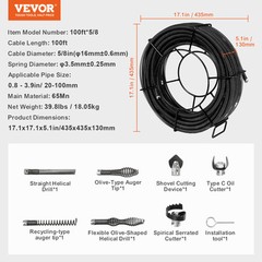 VEVOR Sectional Drain Cleaning Cable 100FTx5/8In & 7 Cutters for 0.8&Prime;-3.9&Prime; Pipes