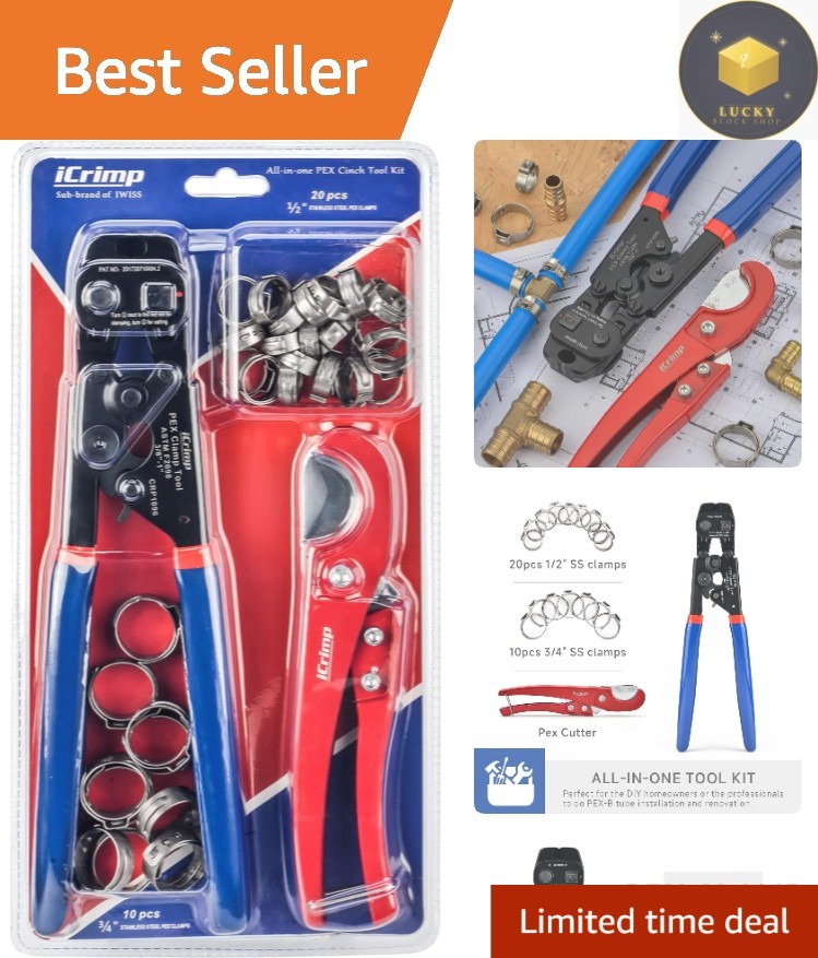 Multi-Function Ratchet PEX Cinch Tool & Pipe Cutter with 30 Clamps &ndash; All-in-One