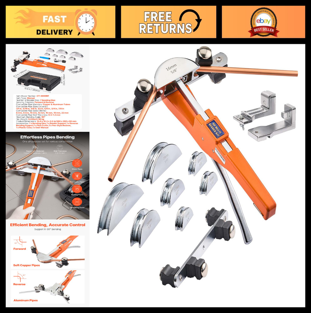 Compact Ratcheting Tube Bender Kit, 1/4 to 7/8 Inch, 7 Dies for HVAC Refrigerati