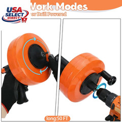 50 Ft Drain Auger, Manual or Drill Powered Plumbing Snake with Gloves