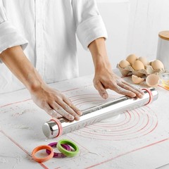Stainless Steel Rolling Pin with Adjustable Thickness Rings &ndash; 4 Interchangeab&hellip;