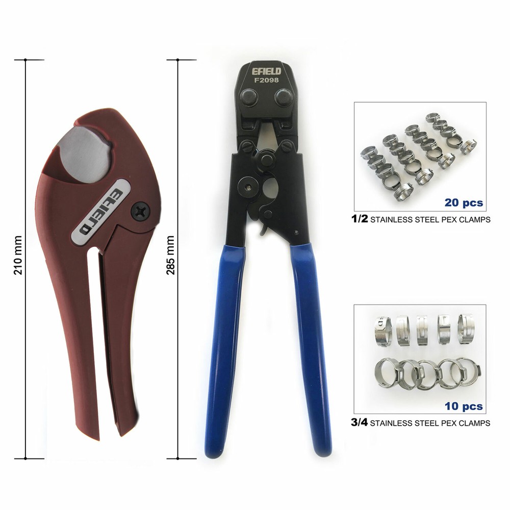 Pex Pipe/ Tube Crimping tool Kit, Cutter ,Go/No Go Gauge+30 Rings Cinch Clamps