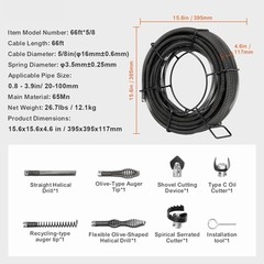 VEVOR Sectional Drain Cleaning Cable 66FTx5/8In & 7 Cutters for 0.8&Prime;-3.9&Prime; Pipes