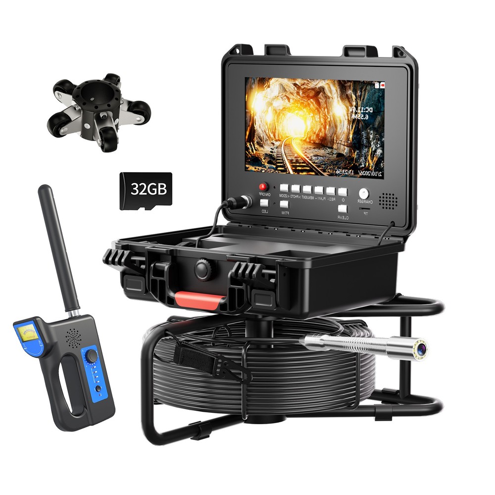 30m Sewer Drain Pipe Inspection Camera w/ 512HZ Locator 9&Prime; Monitor Self-Leveling