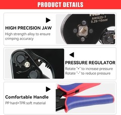 Ferrule Crimping Tool AWG 23-7, Square Ratchet Self-Adjusting Crimper for End-Sl