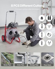 Portable Drain Auger: 75FT Steel Cable, Wheels, Foot Switch