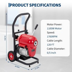 Electric Drain Cleaner Machine 120 FT x 6/5 Inch Sewer Snake Auger Plumber Tool