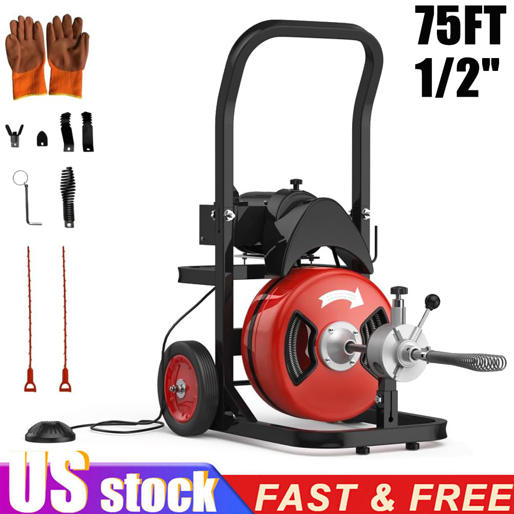 75FT x 1/2 Inch Drain Cleaning Machine &ndash; 450W Auto-Feed Electric Sewer Snake New