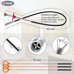 Hair Catcher Drain Auger Cleaner Tool Set &ndash; 3 &times; 53 Inch Sink Snake + 1 &times; 35 I&hellip;