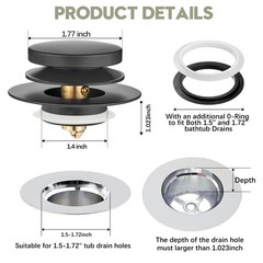 Washever Universal Bathtub Stopper, Pop Up Bath Tub Drain Matte Black