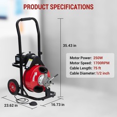 75FT x 1/2&Prime; Cable Electric Drain Cleaner Machine 250W Motor 8 Multi-Style Cutter