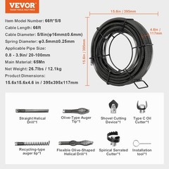 VEVOR Sectional Drain Cleaning Cable 66FTx5/8In & 7 Cutters for 0.8&Prime;-3.9&Prime; Pipes