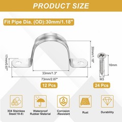 12Pcs 30mm(1-3/16&Prime;)304 Stainless Steel Rigid Pipe Strap with Screws, Silver