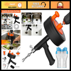 25FT Drain Auger Snake Tool &ndash; Manual & Drill Powered Hair Clog Remover, Gloves I
