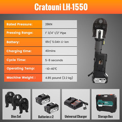 Pro Press Tool, 18V Electric Crimping Tool with 3 Jaws | 1/2&Prime; 3/4&Prime; 1&Prime; US Standar