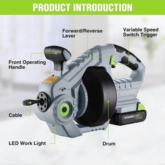 WORKPRO 20V Electric Drain Auger 25Ft Plumbing Snake Drain Hair Cleaning Machine